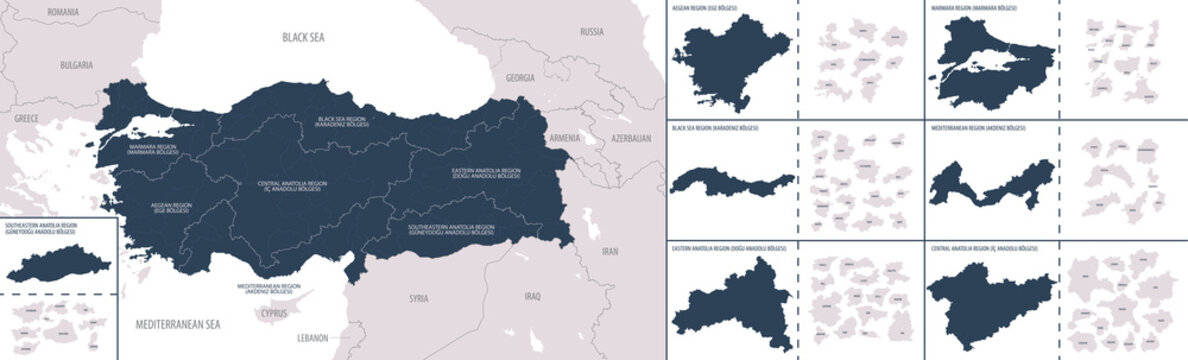Vector color detailed map of Turkey with the administrative divisions of the country, each Districts is presented separately and divided into Provinces