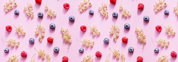 Banner Colorful pattern of blueberries, currant berries white, raspberries on pastel pink background. Flat lay, top view