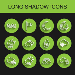 Set line Windy weather, Cloud with rain and sun, Waves, Rainbow clouds, Celsius, Sun, snow and Water drop percentage icon. Vector