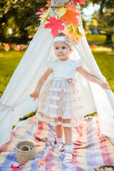 Little girl lying and playing in a tent, children's house wigwam in park Autumn portrait of cute curly girl. Harvest or Thanksgiving. autumn decor, party, picnic. Child in white dress with pumpkins.  © MartaKlos