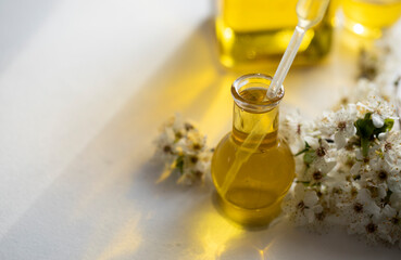 bottle of oil with flowers. Oil bottle. Glass. Nature. Beauty. Spa concept. Essential. 