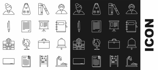 Set line Microscope, Office folders with papers and documents, Exam sheet check mark, Pen, Teacher and Presentation financial board graph, schedule, chart, diagram, infographic, pie graph icon. Vector