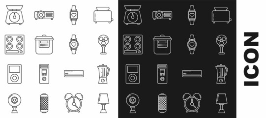 Set line Table lamp, Blender, Electric fan, Smart watch showing heart beat rate, Slow cooker, Gas stove, Scales and icon. Vector