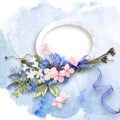 Spring scrapbook collage with tender cornflowers on blue background. Spring blossom mood. Decorative frame for photo in scrapbook style with pink and blue flowers. Romantic theme. Spring, summer