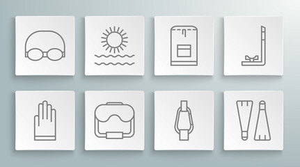 Set line Gloves, Sun and waves, Diving mask, Carabiner, Rubber flippers for swimming, Backpack, Snorkel and Glasses cap icon. Vector © Oksana