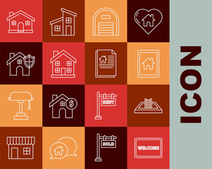 Set line Doormat with the text Welcome, Swimming pool ladder, Tablet and smart home, Warehouse, Home symbol, House shield, and contract icon. Vector