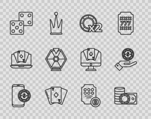 Set line Online poker table game, Casino chips and stacks money cash, Playing card with diamonds, Game dice, Lucky wheel, slot machine and Hand holding casino icon. Vector