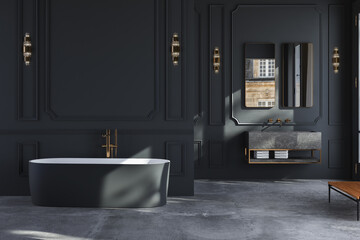 Classical style bathroom There are concrete floor and dark wall with classic frame moulding. Decorate with golden objects, room has large windows, overlook terrace and city view. 3d rendering