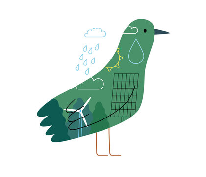 Ecology - Earth day -Modern flat vector concept illustration of a bird filled with ecological symbols of sustainable energy and plants. Creative landing web page illustartion