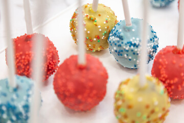 Tasty candy's decoration. Colorful candy decoration on the table. Table decoration. Dessert table.
