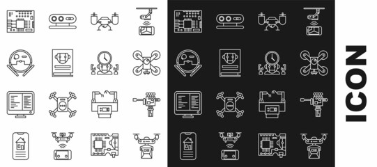 Set line Drone delivery concept, Mechanical robot hand and screwdriver, flying with action camera, User manual, Robot vacuum cleaner, Printed circuit board PCB and digital time manager icon. Vector
