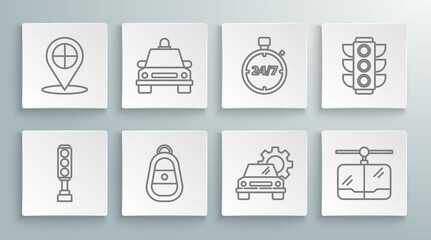 Set line Traffic light, Taxi car, Car key with remote, service, Cable, Stopwatch 24 hours, and Map pointer taxi icon. Vector