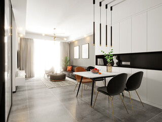 Naklejka na ściany i meble 3d render of dining room, living room