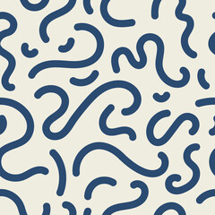 Blue squiggle seamless vector pattern. Navy color squiggly lines on an off white background. Cool, fun, creative, abstract wavy lines. Simple, minimal, repeat backdrop texture.  - obrazy, fototapety, plakaty