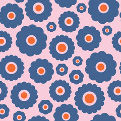 Bold, fun floral seamless vector pattern. Funky, retro blue and orange color flowers on a pink background. Happy, cute, modern repeat surface design print. 