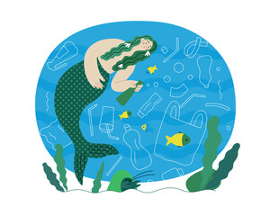 Ecology - Ocean plastic pollution -Modern flat vector concept illustration of mermaid with fish, sea plants and plastic waste floating underwater. Creative landing web page illustartion