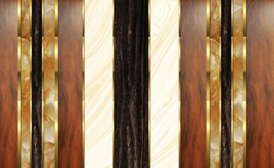 Fototapety  3d mural wallpaper. Modern wall decor abstract, golden lines and marble and wooden and black shapes 