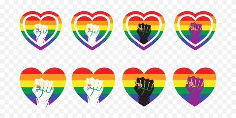 Heart shaped lgbt pride icon set with rainbow colors. 