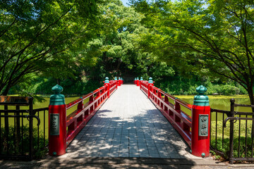 Wake bridge over Kawazoko pond in Tennoji park in Osaka