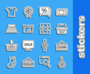 Set line Earring, Hanging sign with Closed, Shopping basket, Discount percent tag, Carton cardboard box, Skirt, T-shirt and Gift icon. Vector