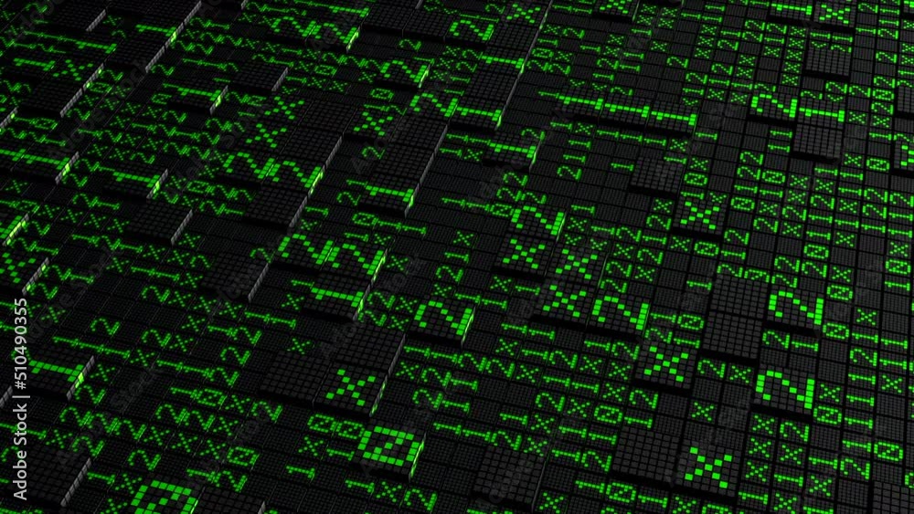 Poster background with surface of squares and code. motion. computer surface with squares and matrix code. 