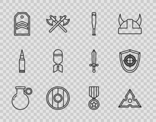 Set line Hand grenade, Japanese ninja shuriken, Baseball bat, Round wooden shield, Chevron, Aviation bomb, Military reward medal and Target sport icon. Vector