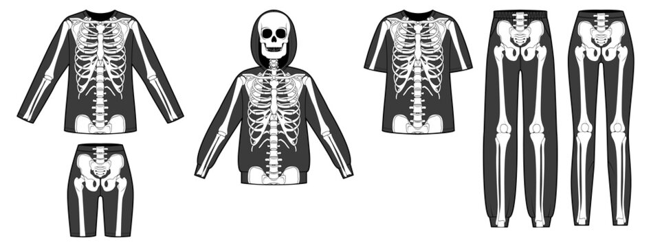Set of Skeleton costume Human bones front back view men women for Halloween, festivals for printing on clothes for Day of the dead flat black color concept Vector illustration of anatomy isolated