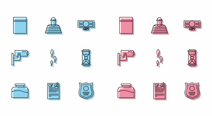 Set line Inkwell, Lawsuit paper, Plastic bag with ziplock, Police badge, Footsteps, Old hourglass sand, Security camera and Prisoner icon. Vector