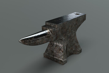 Front view of an iron forging anvil isolated on a grey background.