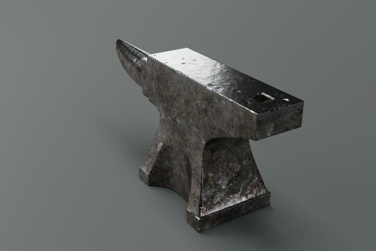 Back view of an iron forging anvil isolated on a grey background. 3D rendering.