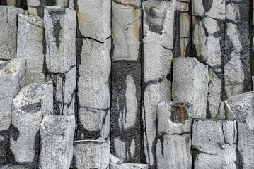 Full frame shot of basalt columns formation. Beautiful view of gray patterned stones in Atlantic...