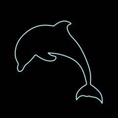 Neon blue dolphin silhouette thin line icon for animal logo design. Vector illustration of a animal mascot isolated on a black background.