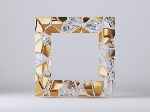3d render, abstract square frame, split into crystal and gold mosaic pieces, isolated on white background. Futuristic unique geometric object. Modern minimal design