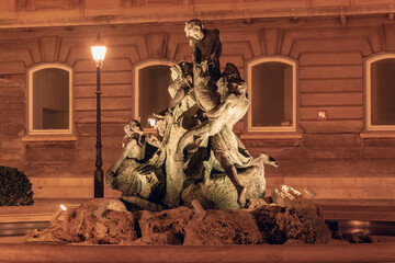 Buda Castle Fishing Fountain at night.