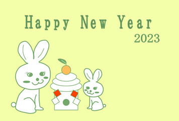 鏡餅を囲む可愛いうさぎの親子