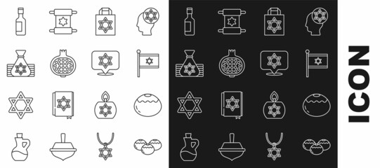 Set line Jewish sweet bakery, Flag of Israel, Shopping bag with star david, Pomegranate, money, wine bottle and Star David icon. Vector