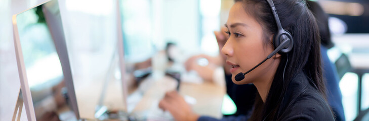 Customer service with friendly, man and woman call center and operator for support client, group of...