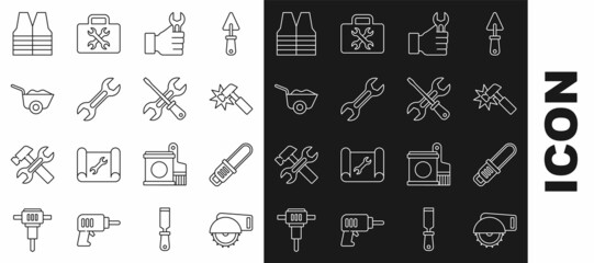 Set line Electric circular saw, Chainsaw, Hammer, Wrench spanner, Wheelbarrow, Safety vest and Screwdriver and wrench icon. Vector
