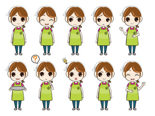 Illustration set of a clerk wearing an apron