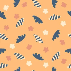 Meubelstickers Summer seamless pattern with striped clouds and simple flowers. Perfect print for fabric, textile and stationery. Hand drawn vector illustration for decor and design. © Anna