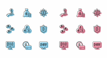 Set line Cryptocurrency exchange, Credit card, Dollar plant, Currency, Shield with bitcoin, Coin money dollar and euro symbol icon. Vector