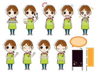 Illustration set of a clerk wearing an apron