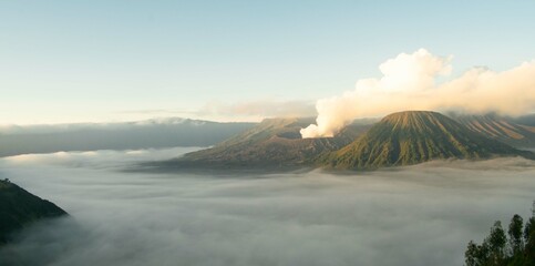 View of the BROMO volcano in the morning before sunrise