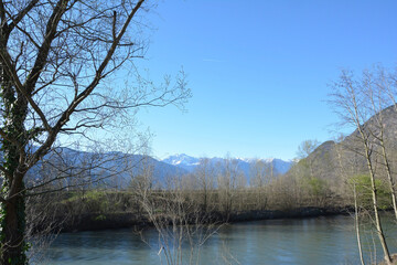 Mountains, trees and the river Etsch / Adige, in Vilpian / Vlipiano, south Tirol
