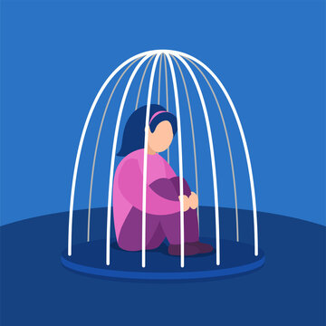 little kid confined from the outside world life. girl sit down give up imprisoned in a bird cage vector flat illustration