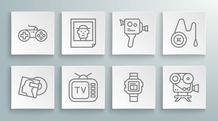 Set line Vinyl disk, Photo, Retro tv, Wrist watch, cinema camera, Yoyo toy and Gamepad icon. Vector