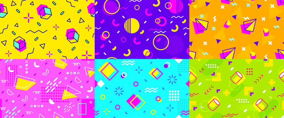 Naklejka premium Memphis seamless pattern geometric retro flat set. Bright colorful gift paper wrapping book cover advertising textile print 80s-90s graphic trend fill hipster banner fabric pop style geometric vector