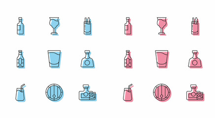 Set line Cocktail, Wooden barrel, Wine bottle, Whiskey and glass, Shot, Tequila, Beer and icon. Vector
