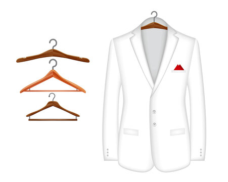 set of realistic man white suit isolated or white formal shirt wooden hanger with various hanger. eps vector
