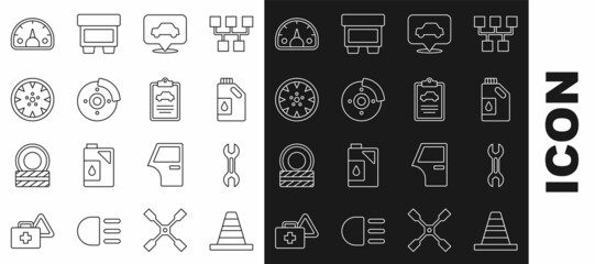 Set line Traffic cone, Wrench spanner, Canister for motor oil, Car service, brake disk with caliper, Alloy wheel, Speedometer and inspection icon. Vector